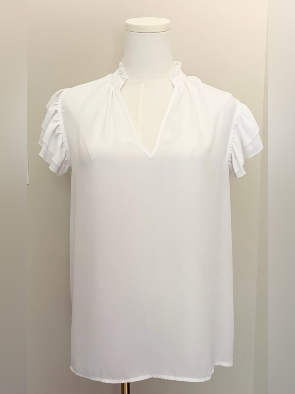 New York & Company White Ruffle Sleeve V-Neck Blouse